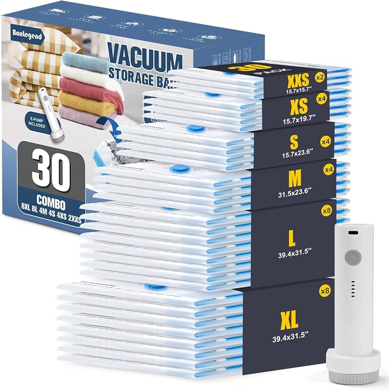 BoxLegend Vacuum Storage Bags with Electric Pump 30 Combo (8XL, 8L, 4M, 4S, 4XS, 2XXS) Heavy-Duty Thickened Vacuum