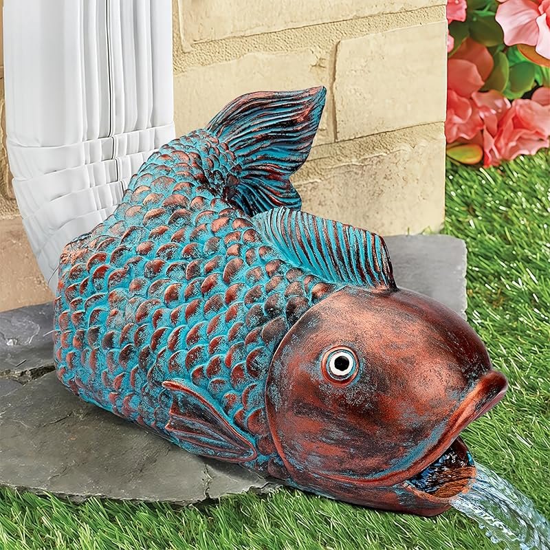 Real Fish Sculpture Gutter Diverter Rain,Eco-Friendly Resin Gutter Extender Diverter,Koi Decor Gutter Extension