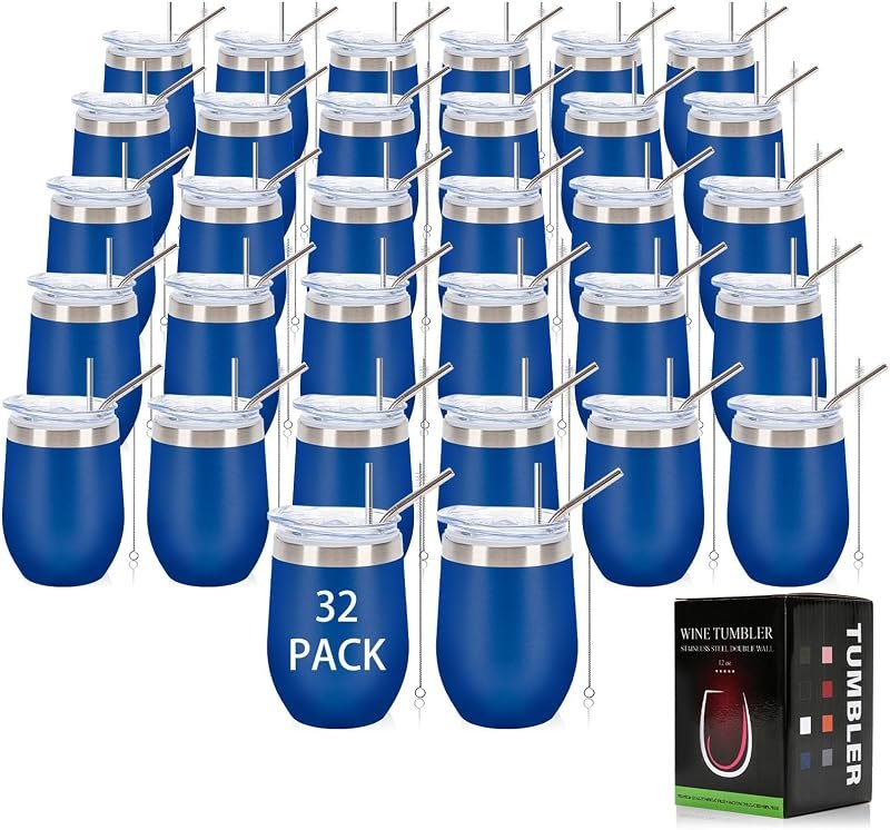 32Pack 12oz Stainless Steel Wine Bulk Tumblers with Lids and Straws — tumbler with straw amazon for tumbler straw