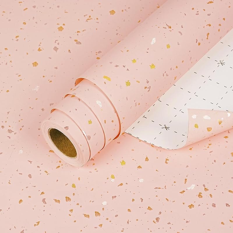 Pink Wrapping Paper Roll - 43cm x 10m Pink Matte Kraft Wrapping Paper with Gold and Silver Foil Design Gift Wrap Paper