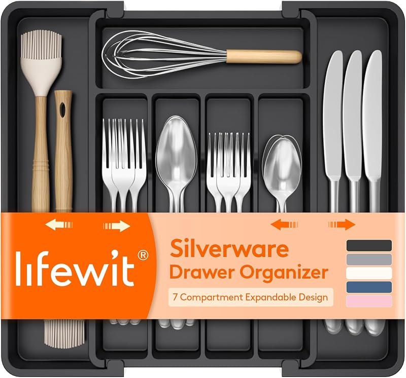 Lifewit Expandable Silverware Drawer Organizer, Kitchen Utensil Tray — Pans, knives, coffee gear, and kitch for pans