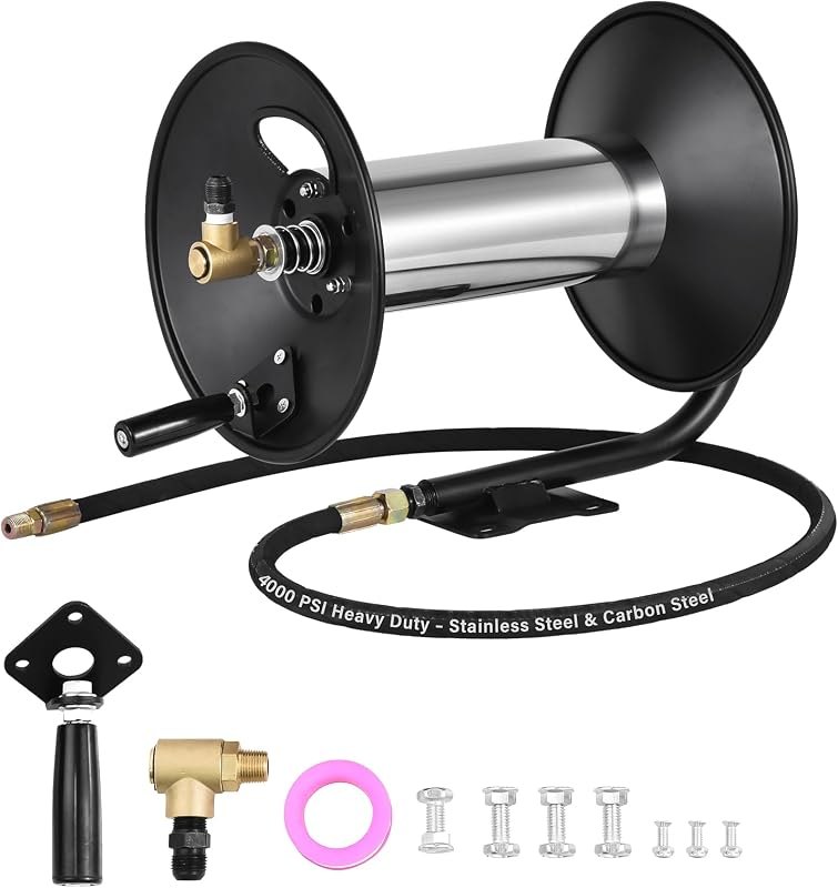 Pressure Washer Hose Reel 100 ft, 4000 PSI Stainless & Carbon Steel Hand Crank with Brass Swivel and 90 Degree Elbow