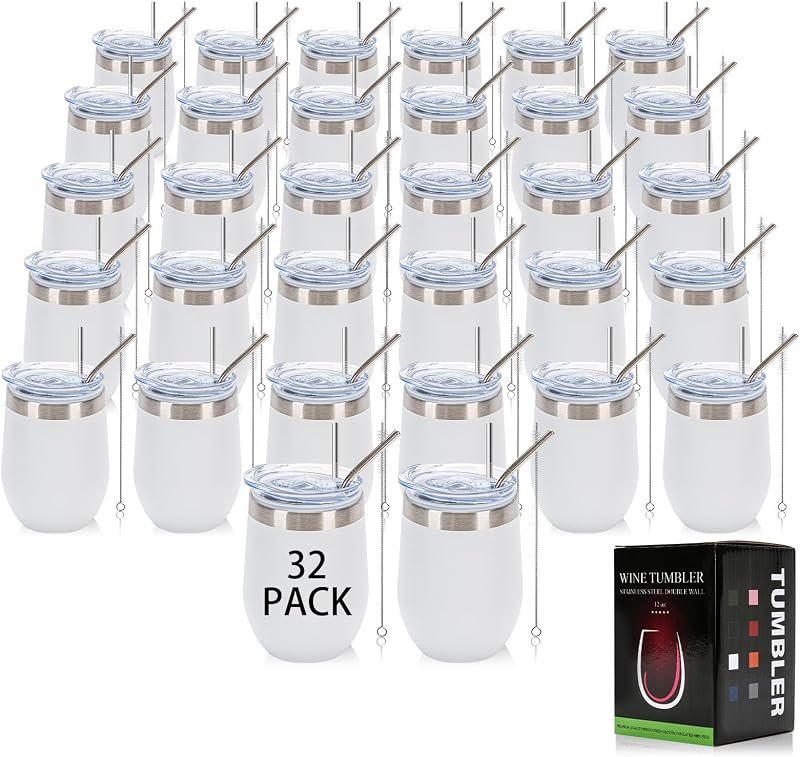 IEOVIEE 32Pack 12oz Stainless Steel Wine Bulk Tumblers with Lids and Straws — best tumbler with straw for tumbler straw