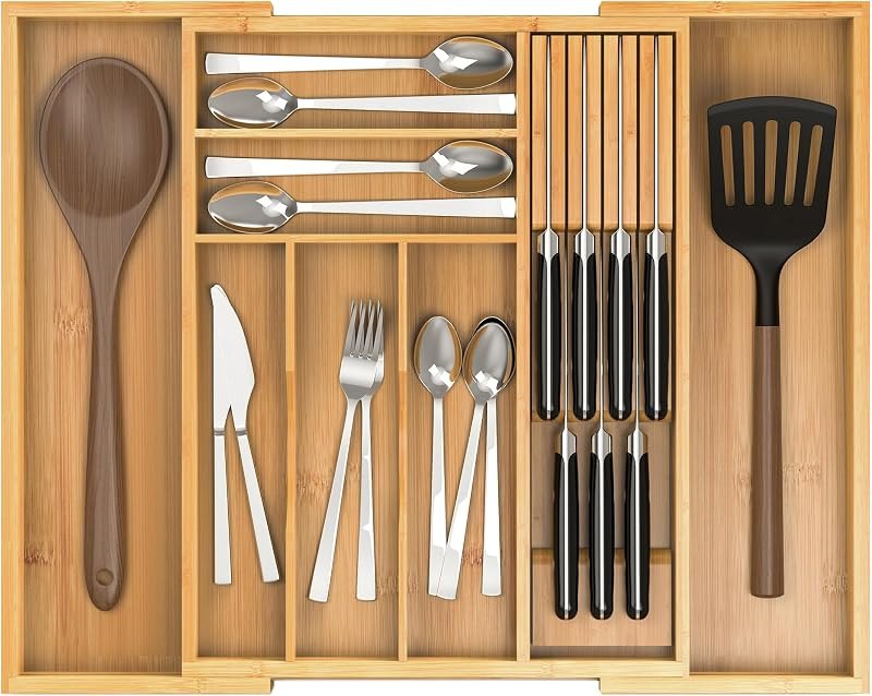 Bamboo Silverware Drawer Organizer, 6-8 Slots Kitchen Drawer Tray — Pans, knives, coffee gear, and kitch for pans