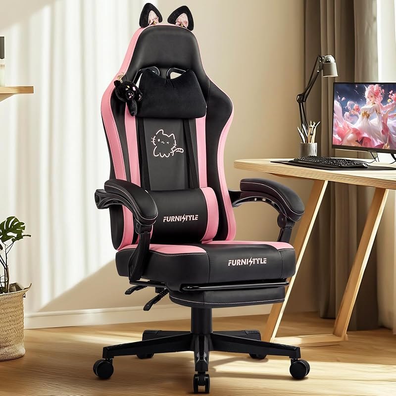 Gaming Chair with Footrest, Comfy Girly Video Game Chairs with Cat Ears Pocket Spring Cushion Massage Lumbar Support &