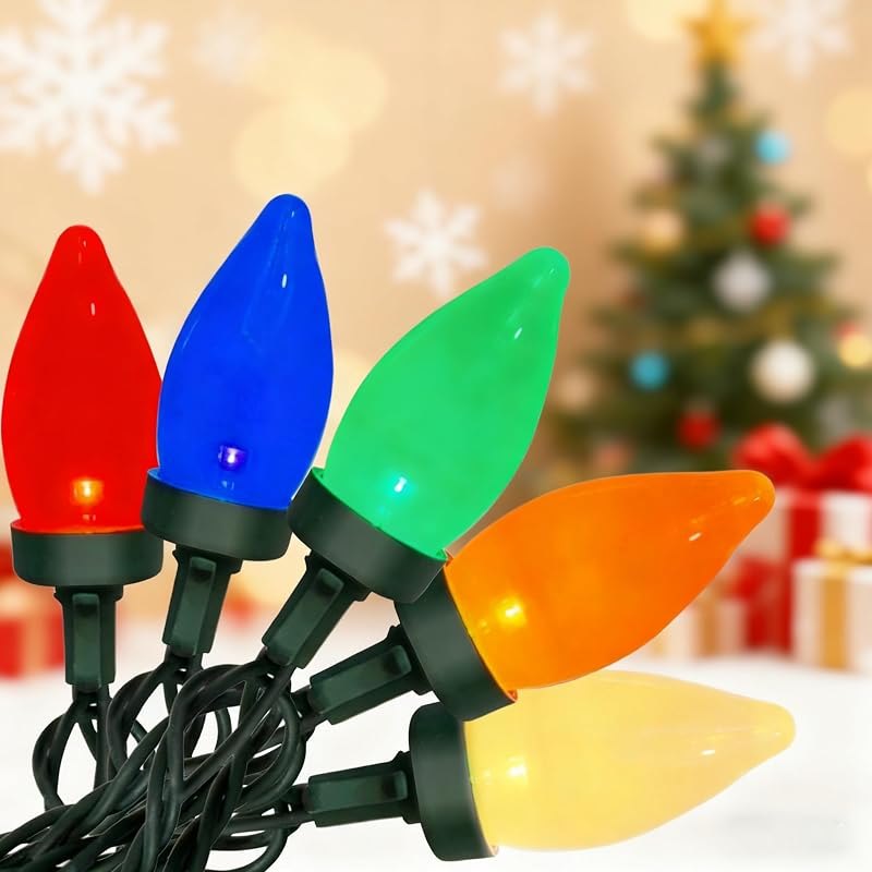 Oviejo C7 LED Christmas String Lights,26FT Outdoor Christmas Lights with 50 LED Xmas Colorful Warm White Bulbs,Vintage