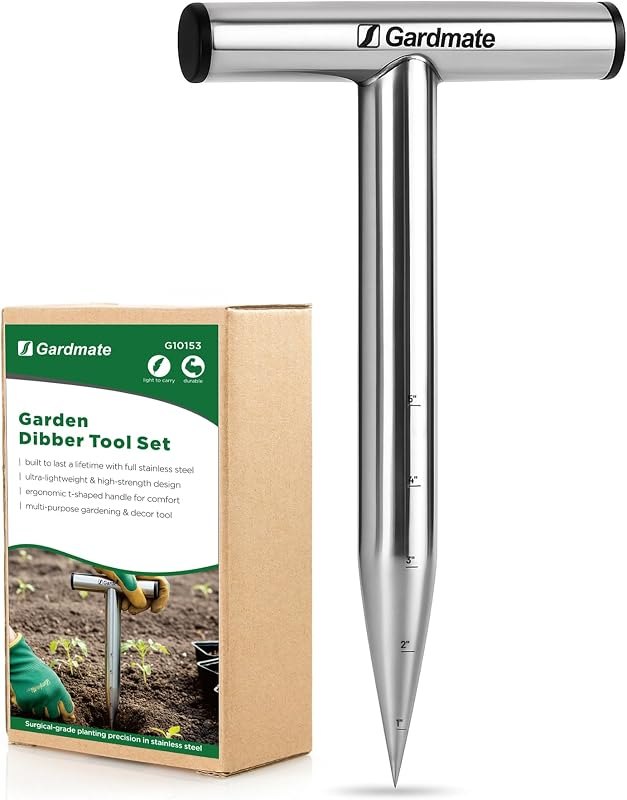 Stainless Steel Hand Dibber with Depth Markings & T-Handle, Rust-Resistant Bulb Planter Tool for Seeds, Seedlings &