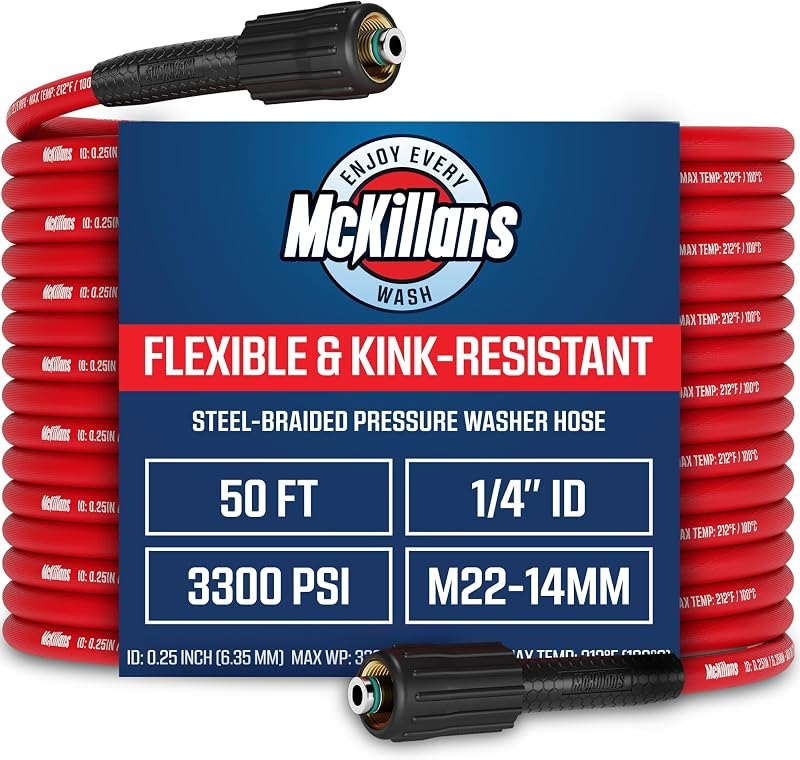 McKillans® Pressure Washer Hose 50 ft - Flexible & Kink-resistant - Steel-Braided & Durable- M22-14mm Stainless Steel