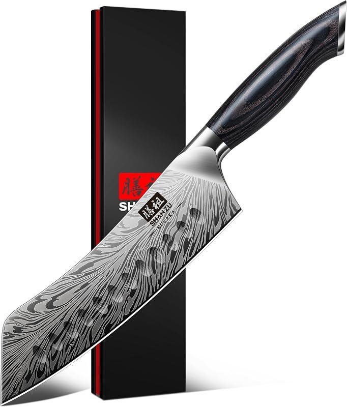 SHAN ZU 7 inch Chef Knife in Powder Steel, Ultra Sharp Japanese Santoku Knife, High Carbon Professional Kitchen Knives