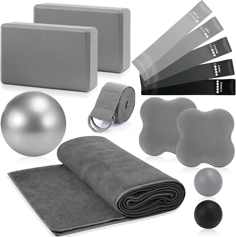 Simgoing 14 Pcs Yoga Kits for Home Workouts Pilates Equipment Set for Women Beginners, Hot Yoga Towel Blocks Strap