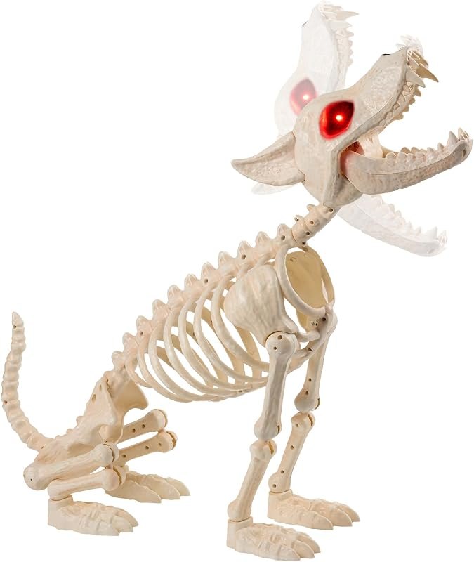 JOYIN Howling Wolf Skeletons Halloween Decorations 34” Skeleton Dog with Red LED Eyes, Auto-Chin Opening and Closing