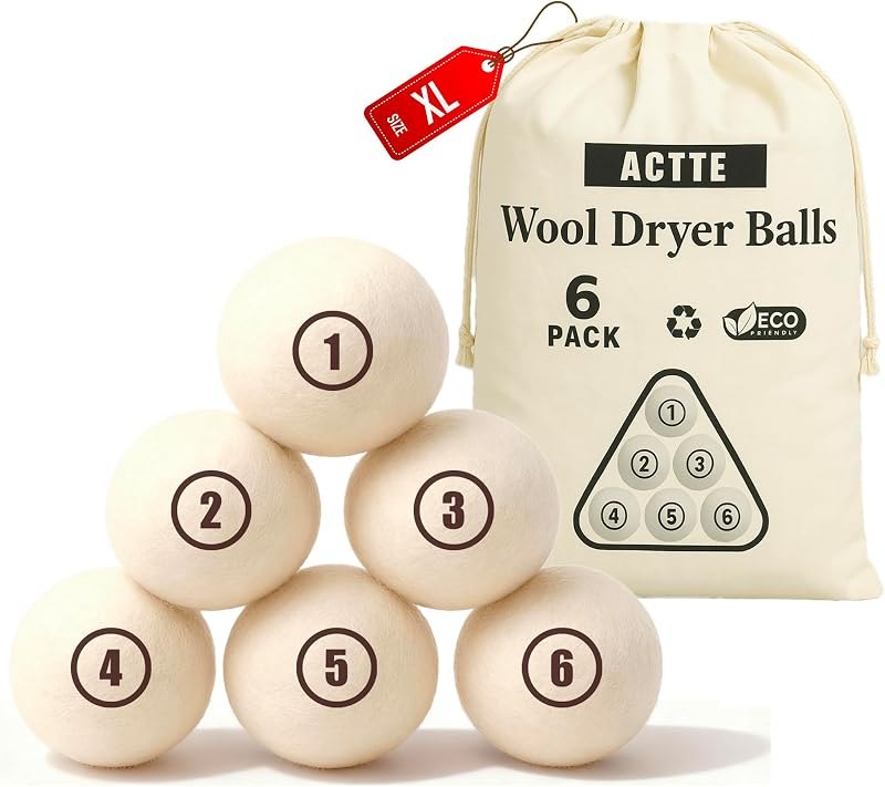 Wool Dryer Balls Laundry, L(2.3") 6 Pack, Premium Fabric Softener Ball, Reusable, Anti Static, Chemical Free Natural