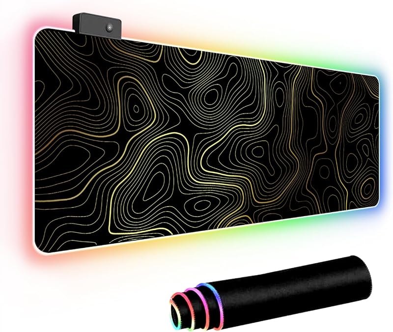 Black RGB Mouse Pad LED Desk Mat Topographic Line Design