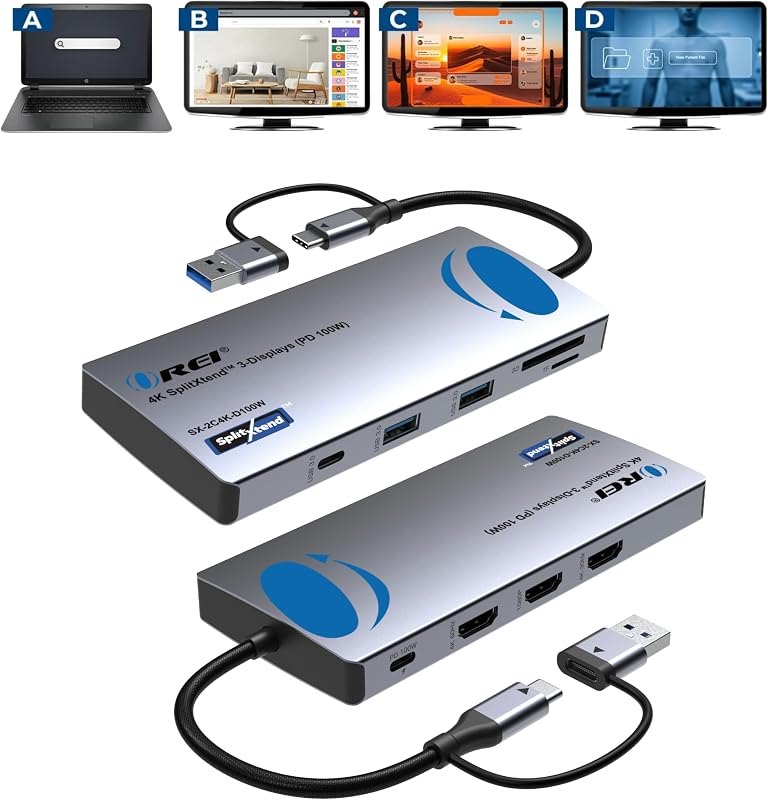 OREI SplitXtend USB C Docking Station Triple Monitor with 3xHDMI Ports - 4K — docking dual monitor dock for docking