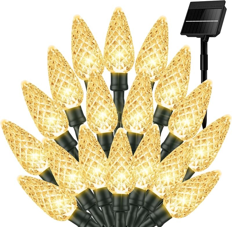 Warm White C6 Solar Christmas Lights Outdoor, 22.64ft 50 LED Solar String lights Waterproof IP65, 8 Modes Twikle Fairy