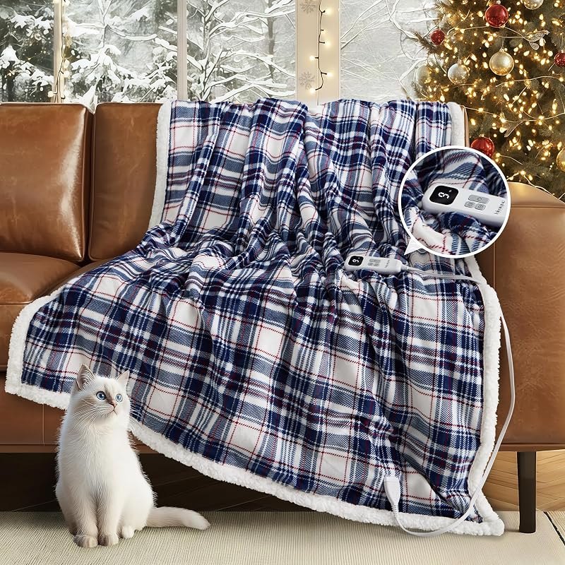 Heated Blanket Electric Throw-50''x60''Ultra Soft Cozy Plaid Flannel Fast Heating Electric Blanket with 10 Heat Levels