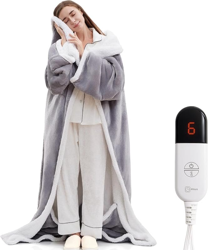 Electric Flannel Throw Blankets with Foot Pocket, Wearable Heated Blanket with Sleeves,7 Level Heating & 1-4 Hours