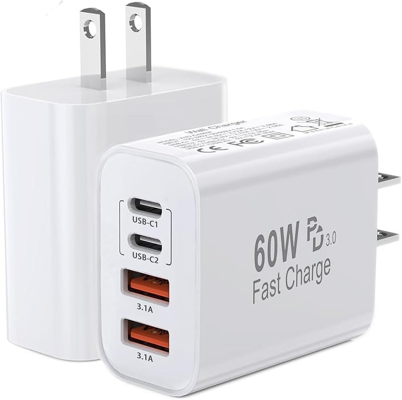 60W USB C Charger Block,2Pack 4-Port GaN USB C Charger Fast Charging Wall Plug Dual Type C+Dual USB-A Port Multiport