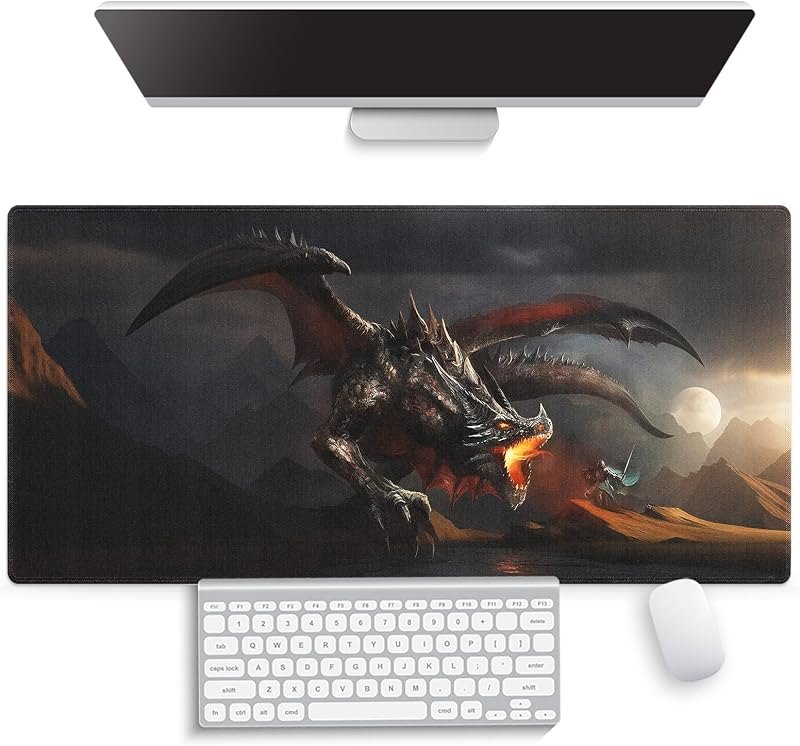 Dark Fire Dragon Knight Battle Large Mouse Pad, Epic Fantasy Art Desk Mat — RGB mouse pad for rgb mouse pad
