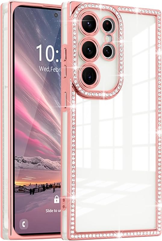 Clear Glitter Phone Case for Samsung Galaxy S25 Ultra, Girl Luxury Sparkly Rhinestones Soft TPU Plating Rectangle Edge