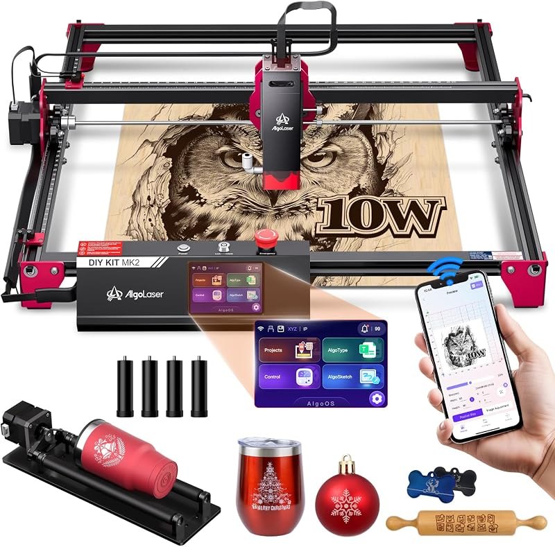 Algolaser 10W Laser Engraver and Cutter with Rotary Roller & Riser Kit — Laser cutters and engravers, without for