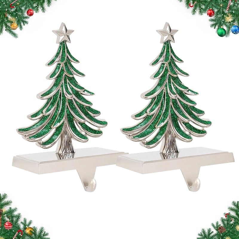 G GOOD GAIN Christmas Stocking Holders for Mantle - Set of 2 Christmas Tree Weighted Stocking Hangers with Non-Slip