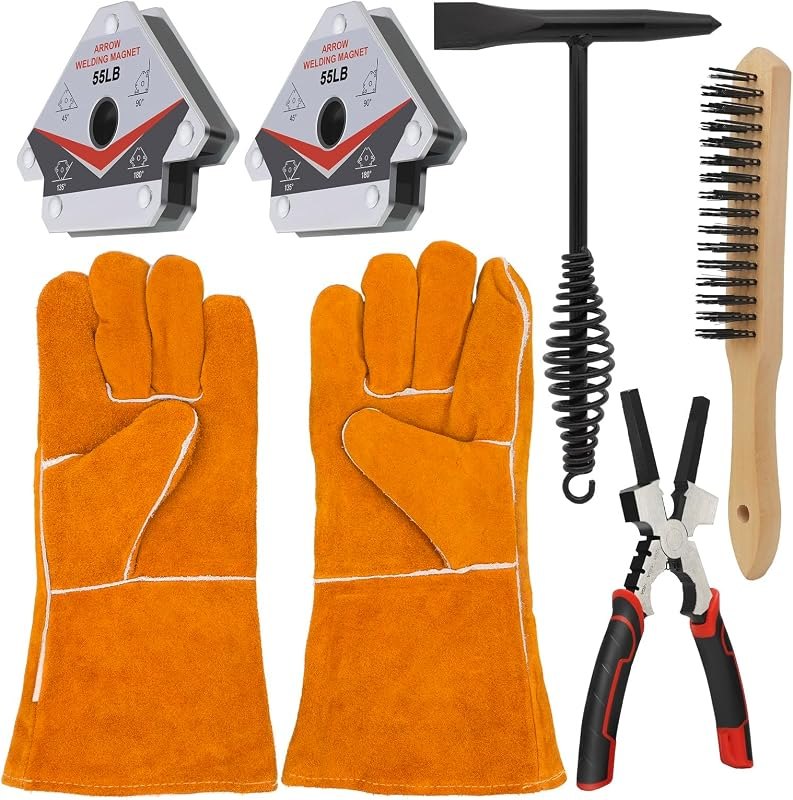 VASTOOLS Welding Accessories,6pc,Chipping Hammer 10.5",Leather Welding Gloves 13.5",6-in-1 Welpers Pliers 8",Wire
