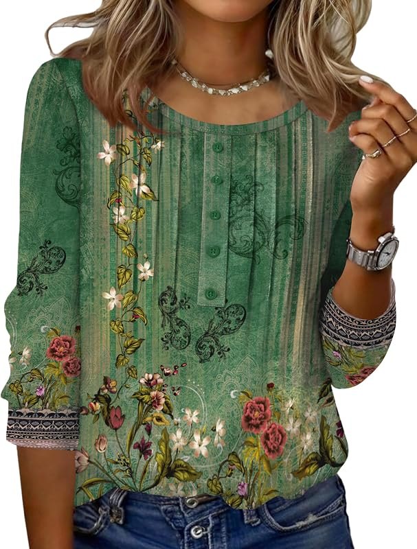 3/4 Length Sleeve Womens Tops Round Neck Casual Summer Tunic Tops Basic Tees Blouses Dressy T-Shirts Pleated Shirts —
