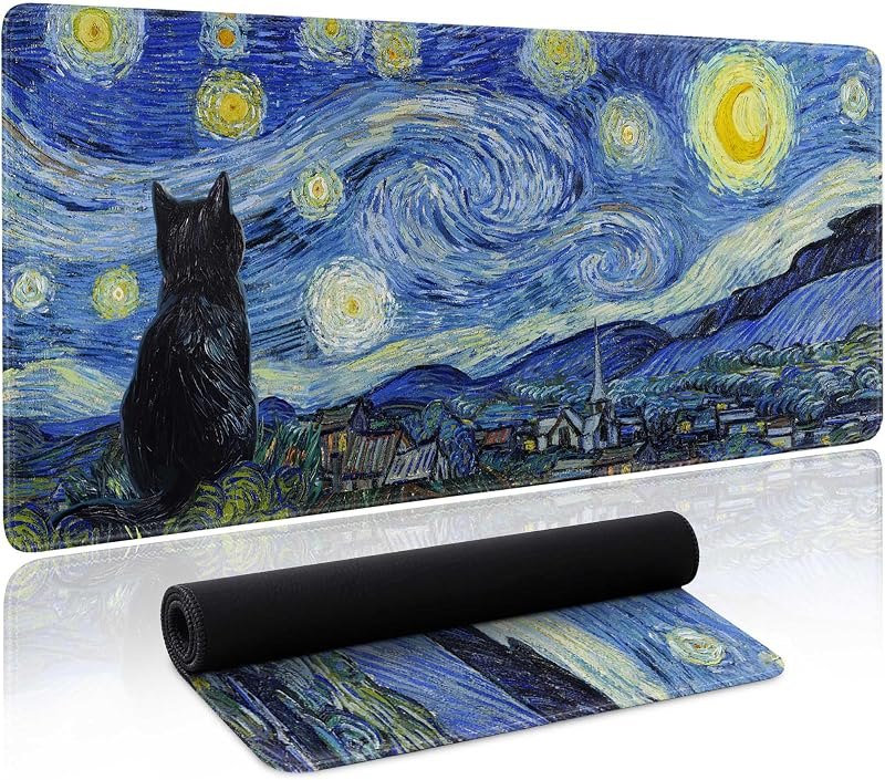 Starry Night Cat Gaming Mouse Pad Large Desk Mat Extended Keyboard Mouse Pad Anime Mousepad with Non-Slip Base and
