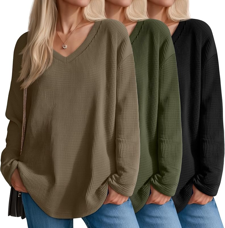 3 Pack Women's Waffle Knit Tops V Neck Sweatshirts — Items from Amazon Haul, Amazon's ver for items haul version temu