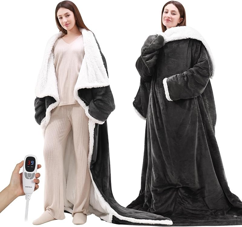 NIORSUN Heated Blanket Throw with Foot Pocket, Wearable Electric Blanket with 9 Heating Levels & 10 Time Settings