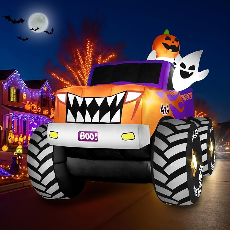 zukakii 8FT Long Halloween Inflatables Decoration Outdoor Monster Truck Car with Ghosts & Pumpkin, Giant Halloween