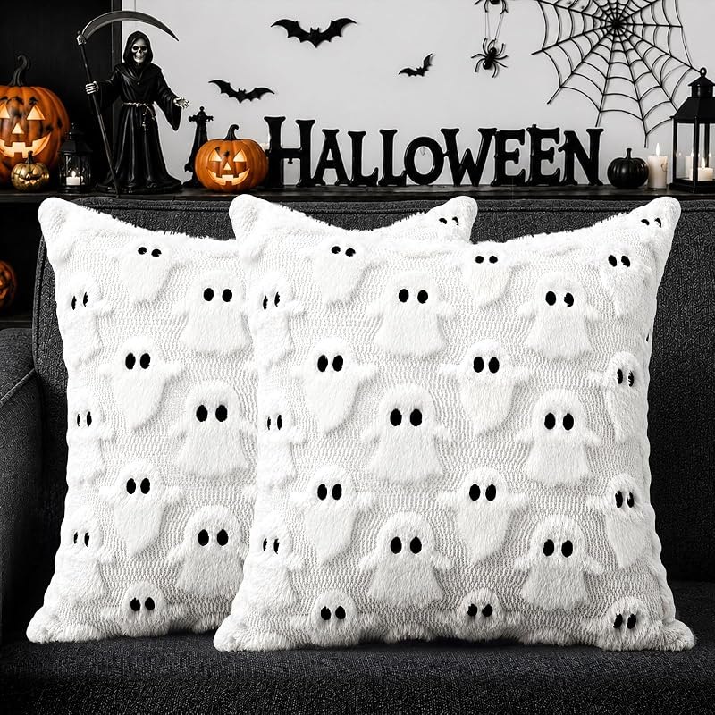 Halloween Decorations Outdoor Pillow Covers 18x18 inch Set of 2 White Ghost Throw Pillow Cases Soft Plush Faux Fur