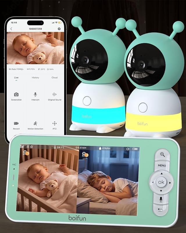 BOIFUN 2K WiFi Baby Monitor with Phone App, 5" Screen,Night Light,2 Cameras — wifi for baby monitor rated