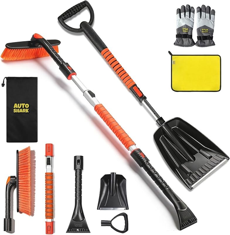 7 in 1 Snow Shovel & Snow Brush Kit, 47.2" Ice Scrapers & Snow Shovel Kit, Car and 360° Pivoting Car Scraper Snow, 7