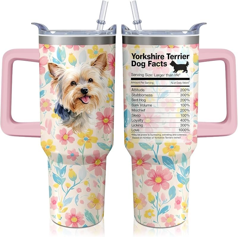 40oz Yorkie Tumbler with Handle and Straw, Cute Dog Stainless Steel Insulated Cup with Lid and Straw, Travel Coffee