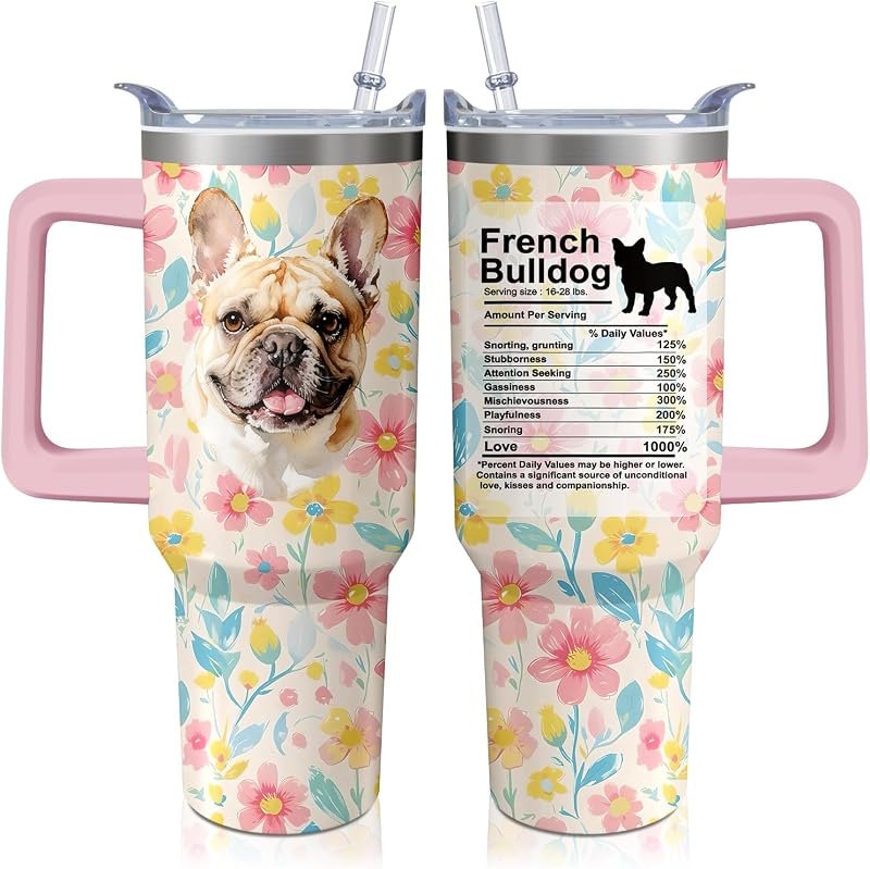 40oz French Bulldog Dog Tumbler with Handle and Straw, Puppy Stainless Steel Insulated Cup with Lid and Straw, Travel