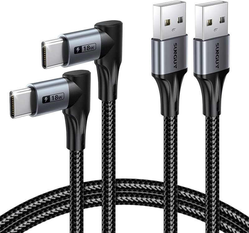 SUNGUY Right Angle USB C Cable 2Pack, [3.3FT/1m] Short 90 Degree USB to USB C Charging Data Sync Type C Charger