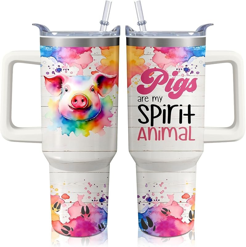 40oz Pig Tumbler with Handle and Straw, Stainless Steel Insulated Cup with Lid and Straw, Travel Coffee Mug Water