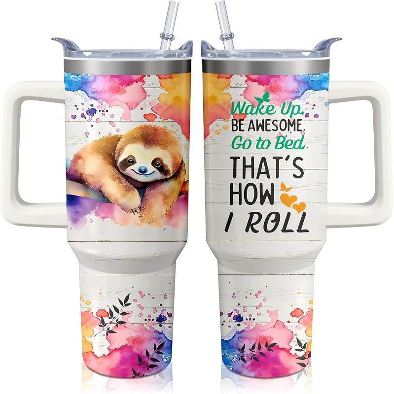 40oz Sloth Tumbler with Handle and Straw, Stainless Steel Insulated Cup with Lid and Straw, Travel Coffee Mug Water