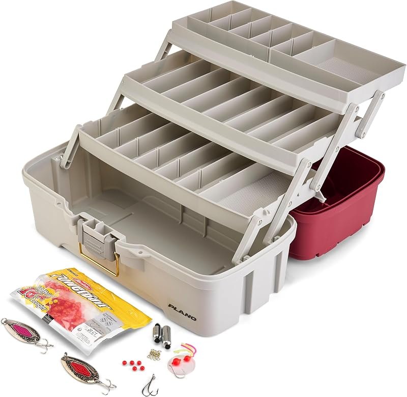 Plano Three-Tray Tackle Box Salmon Kit, Maroon/Grey, Rust-Proof Brass Latch, Top-Access Tray Compartments with Deep