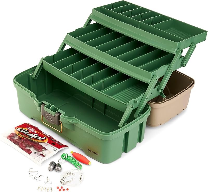 Plano Three-Tray Tackle Box Catfish Kit, Green/Tan, Rust-Proof Brass Latch, Top-Access Tray Compartments with Deep