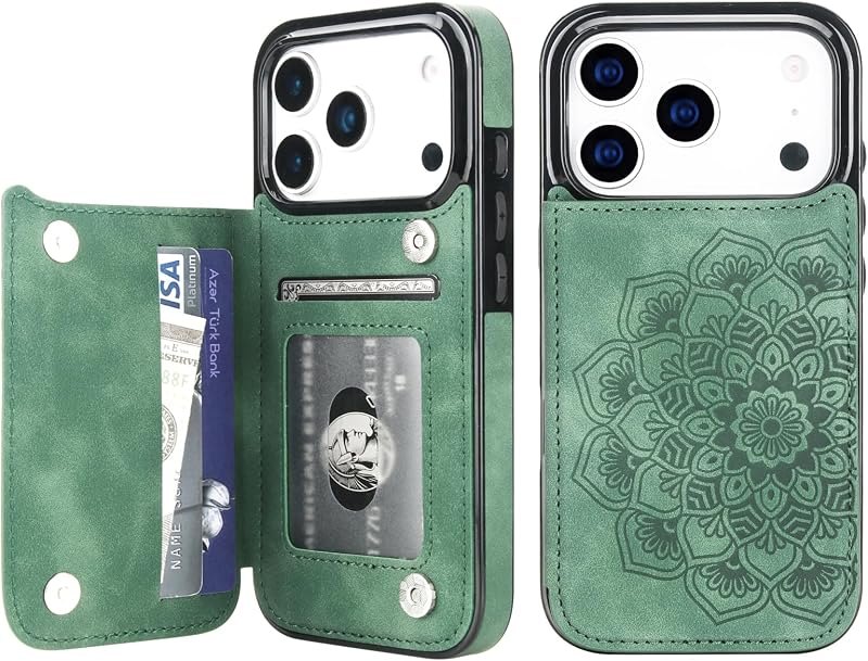 Vaburs for iPhone 17 Pro Wallet Case Mandala Pattern, Dark Green — wallet case for iphone pro accessories