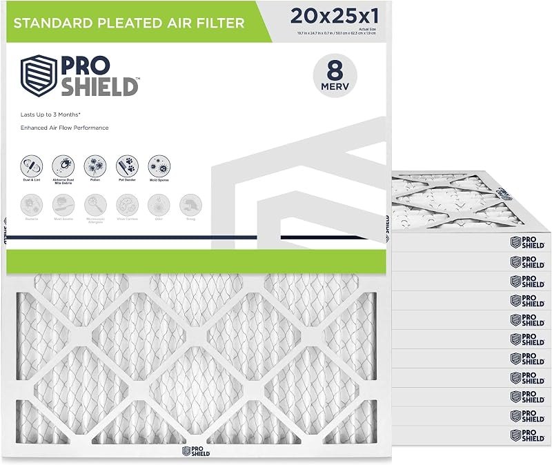 ProShield 20x25x1 MERV 8 Standard Pleated HVAC Air Filter, 12 Pack — furnace filter 20x25x1 for merv filter 16x25x1