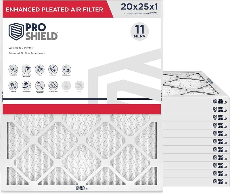 ProShield 20x25x1 MERV 11 Enhanced Pleated HVAC Air Filter, 12 Pack — furnace filter 20x25x1 for merv filter 16x25x1