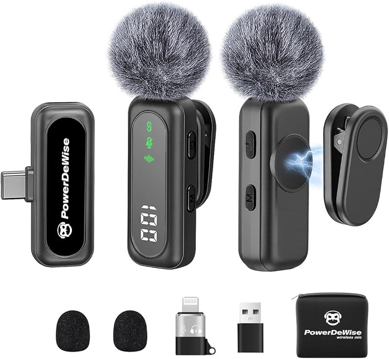 Wireless Lavalier Microphone for iPhone & Android, 2 Pack Mini Mic with USB-C/Lightning/USB-A Receiver, Plug & Play No