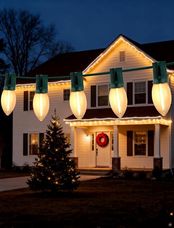 Vintage Christmas Lights Outdoor - 25FT C9 LED String Lights with 25 Warm White Bulbs, Waterproof & Connectable for