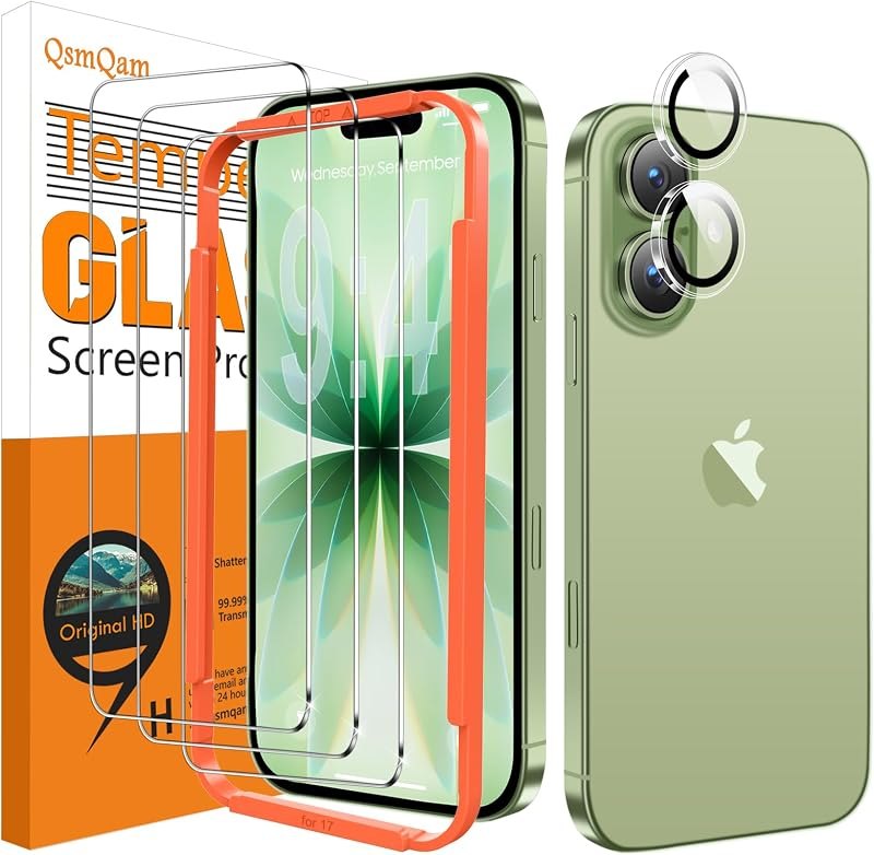 QsmQam 3 Pack Screen Protector for iPhone 17 6.3 Inch + 1 Pack Individual Camera Lens Protector, Ultra HD Tempered