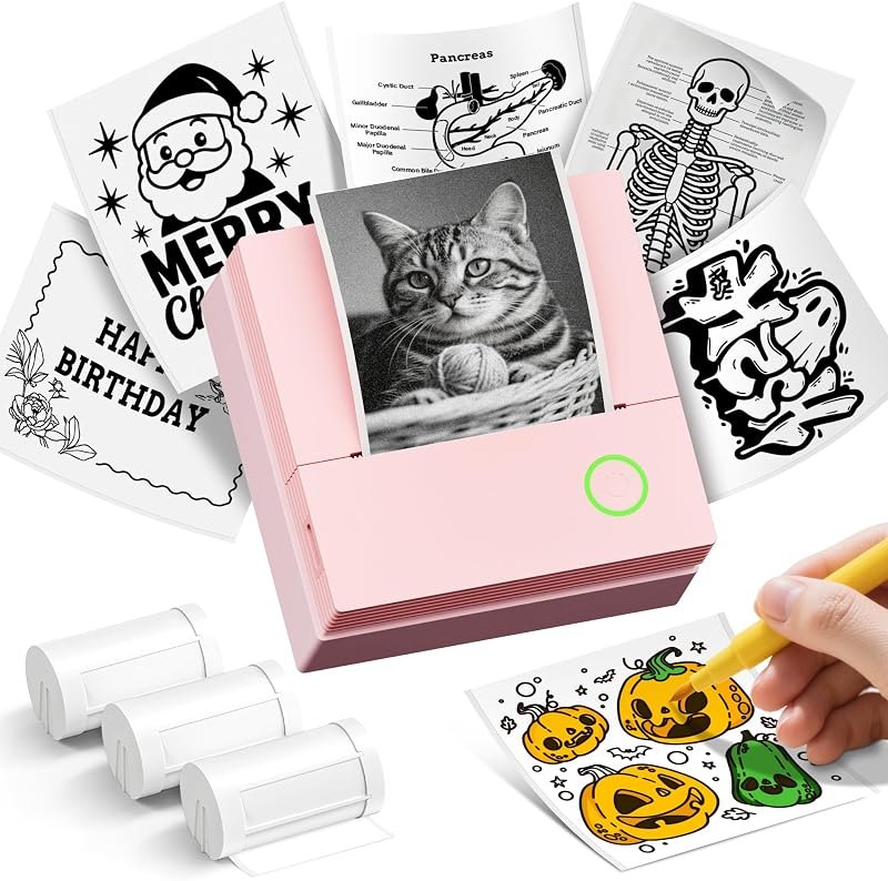 Sticker Printer, PM290C Mini Printer with 3 Rolls Paper, Pink — best printers work light for printers work light