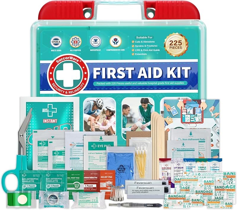 SuccorWare 225 Pieces First Aid Kit, Includes Ice Pack, Adhesive Bandages, Wound Gauze Pads, Portable First Aid Bag